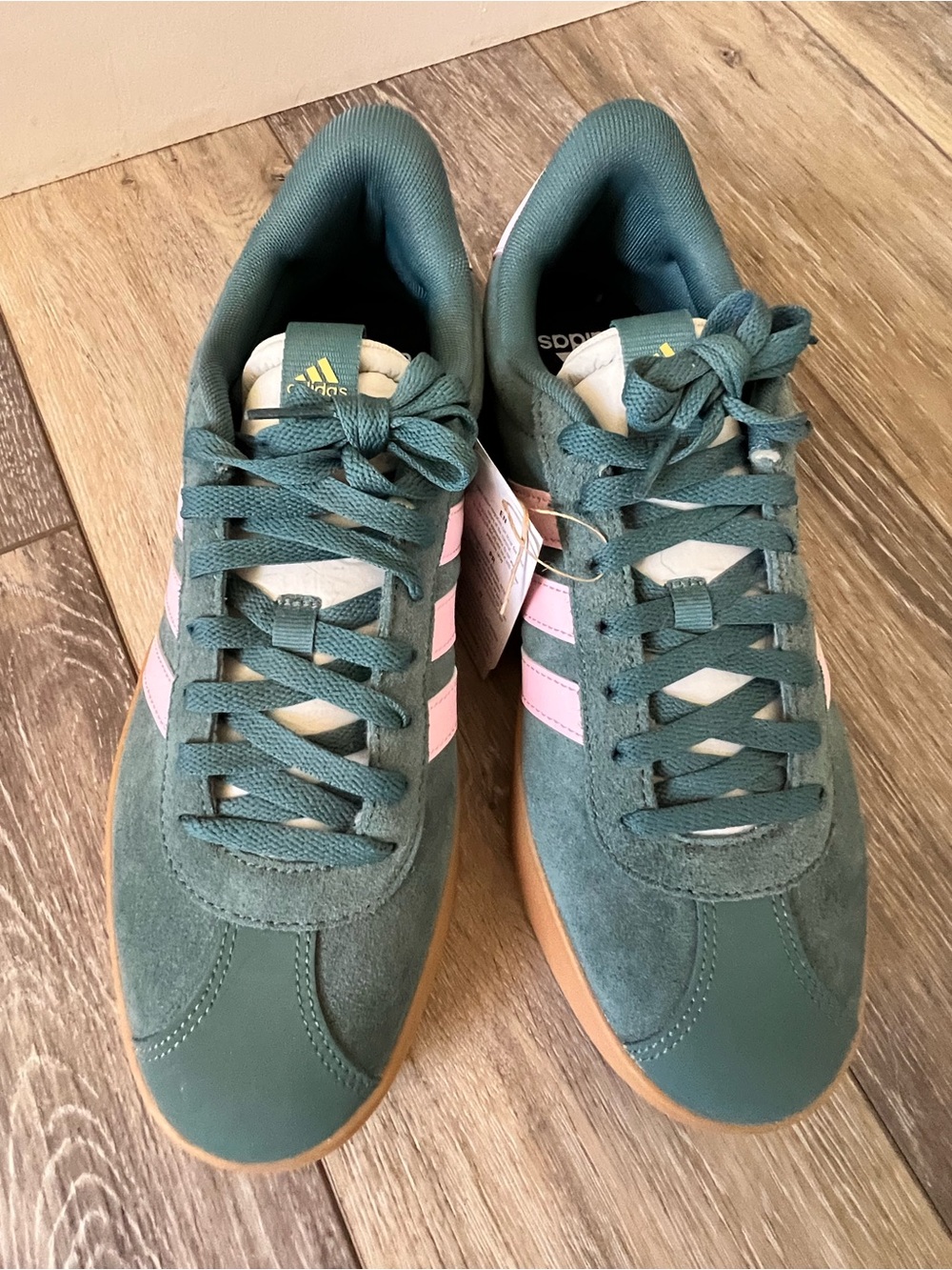 adidas Women Teal Suede Sneakers with Pink Stripes and Gum Sole - Picture 3 of 9